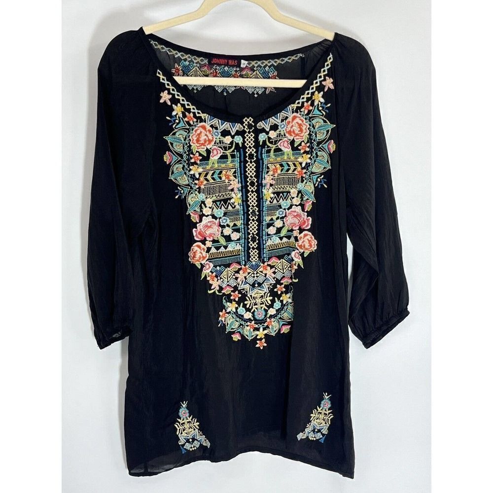 Johnny Was Black Floral Embroidered Tunic Top Small Crinkled Cupra Rayon Boho - Picture 15 of 16